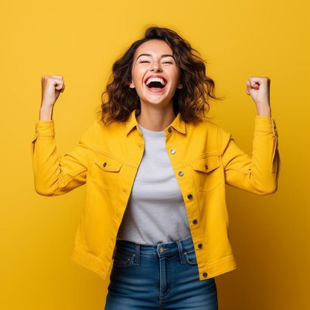 Portrait of an excited young woman celebrating success, yellow backgroundの素材