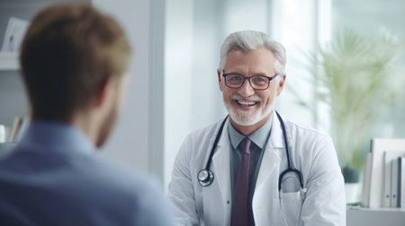 Friendly doctor with stethoscope talking to patientの素材