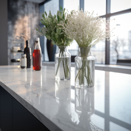 A sleek marble countertop reflects daylight in a stylish kitchenの素材