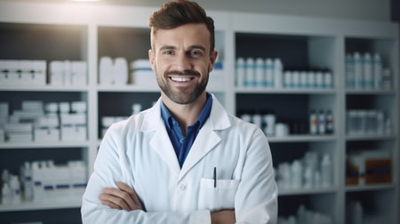 Mature male doctor with glasses smiling in a contemporary clinic environment.の素材