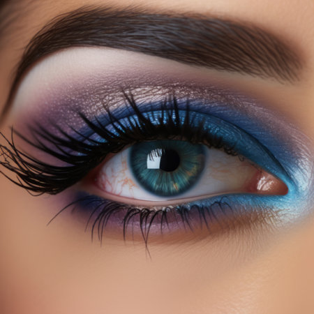 Detailed close-up of a blue eye with bold eyeshadow and lashesの素材
