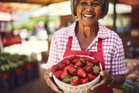 Portrait of smiling senior woman buying fruits and vegetables at local farmers market.の素材