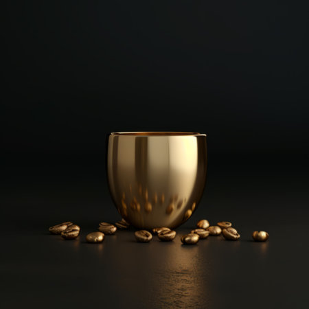 Elegant Golden Coffee Cup with Scattered Beansの素材