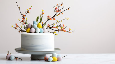 White cake decorated with chocolate Easter eggs and spring flowers banner, Easter holidayの素材