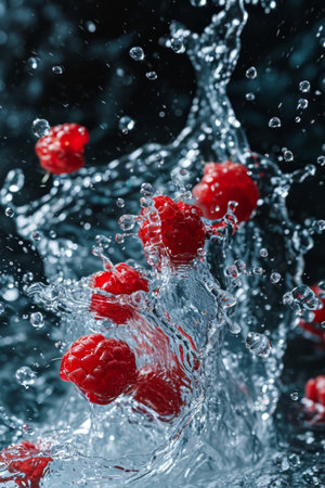 Ripe raspberries enveloped in a crystal-clear water splash, with mint accentsの素材