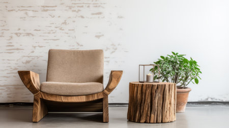 A stylish minimalist chair beside a rustic stool with greeneryの素材