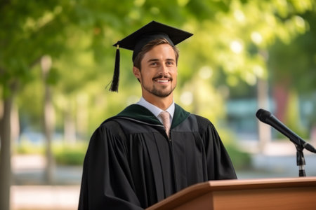 Graduate student standing on stage and giving a graduation speech to a crowd of proud faculty family and fellow graduatesの素材