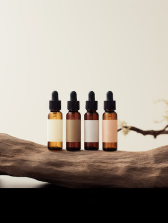 Reusable dark amber glass bottle for oil, cream, lotion or serum on a minimalistic background with shadows and plants. Presentation of a cosmetic product. Layout of the beauty salon branding.の素材