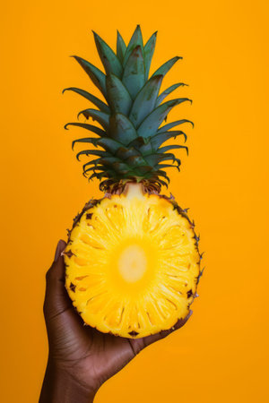 A hand displays a cross-section of a juicy pineapple on a yellow backdropの素材