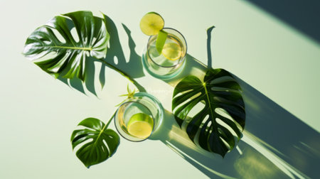 Crystal clear green cocktails amidst Monstera leaf shadows on a vivid green surfaceの素材