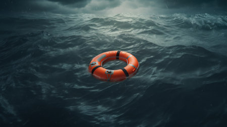 Orange lifebuoy floating alone in a turbulent, dark ocean under stormy skies.の素材