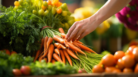 A farmers man's hands picking carrots on a farmers market, emphasizing the natural farm-to-table process and healthy foodの素材