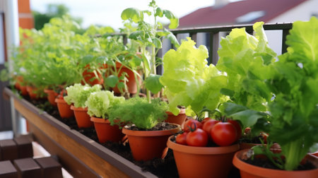 A vegetable garden on a balcony in the big city. Leisure, hobby, sustainable lifestyle, eco habitsの素材