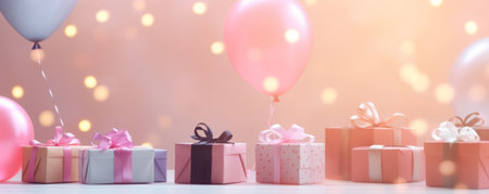 Colorful birthday or baby shower card with balloons and gifts, with space for textの素材