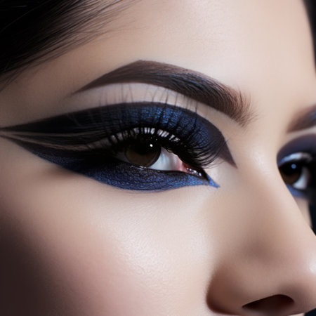 Close-up of a woman's eye with bold blue winged eyelinerの素材