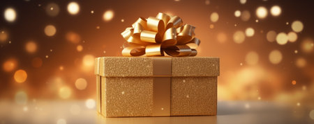 Beautiful golden gift box on light table against blurred festive lights. Christmas concept front viewの素材