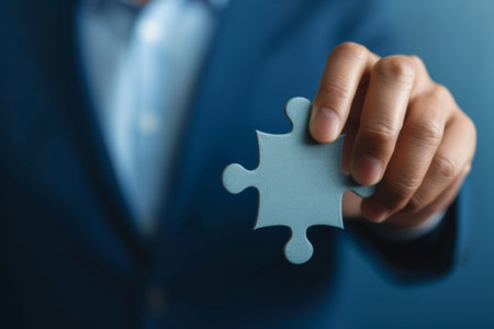 Close-up of Businessman's Hand Holding a Single Puzzle Pieceの素材