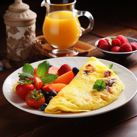 Golden omelette with fruit salad and two dipping saucesの素材
