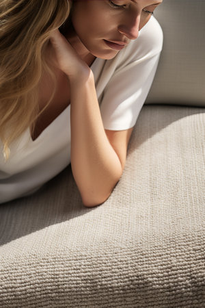 A young woman in a white shirt resting her head on her hand, lost in thoughtの素材