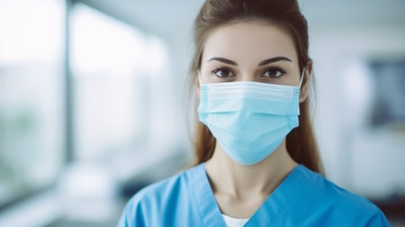 A focused female healthcare worker wearing a surgical mask and scrubs.の素材