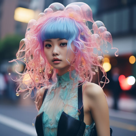 Beautiful Japanese Lady with jellyfish on hair, standing on street, jellyfish costume, fashionの素材