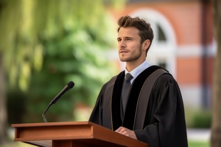 Graduate student standing on stage and giving a graduation speech to a crowd of proud faculty family and fellow graduatesの素材