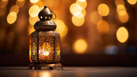 A lit candle inside a decorative lantern emits a warm glow amidst soft bokeh lightsの素材