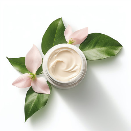 Jar with cream and flowers on white background, Concept natural cosmetics, organic beauty, flower arrangement, top view, flat lay.の素材
