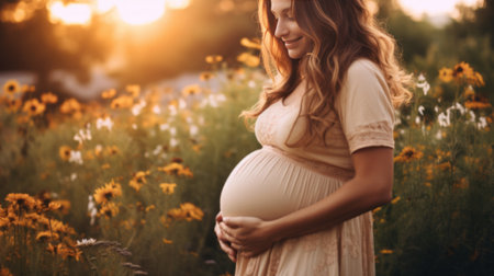 Beautiful pregnant woman relaxing outside in the park, copy spaceの素材