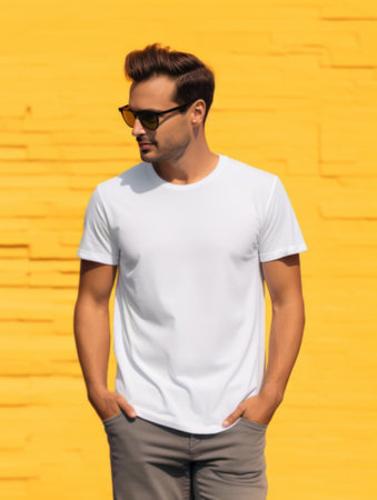 Attractive man wearing blank white t-shirt on yellow background. Mockup for t-shirt print designの素材