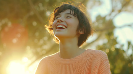 Joyful Young Woman Enjoying Sunlight in a Forest Setting portraitの素材