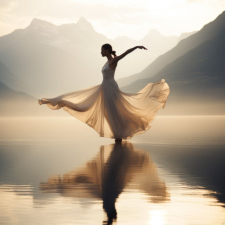 A fabulous girl in a long transparent dress fluttering in the wind dancing on the lakeの素材