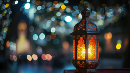 Enchanted Evening with Traditional Lantern Amidst Twinkling Lights and Draperyの素材