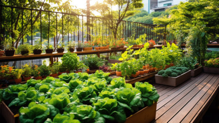Beautiful wooden terrace with garden furniture surrounded by greenery on a warm, summer dayの素材