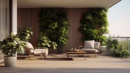resort vacation home interior design wooden and cozy chair on comfort balcony daylight with beautiful nature sky background house beauty ideas conceptの素材