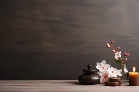 Calm spa setting with lit candle and white orchids on wooden surfaceの素材