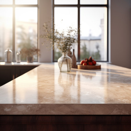 Morning light bathes a marble countertop adorned with condiments in a modern kitchen.の素材