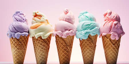 Variety of ice cream cones in a row close upの素材