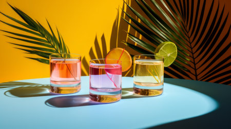 Cocktails cast playful shadows on a multicolored background with leavesの素材