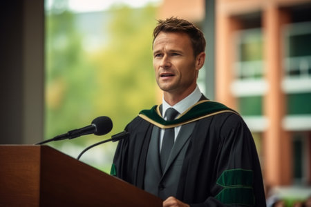 Graduate student standing on stage and giving a graduation speech to a crowd of proud faculty family and fellow graduatesの素材