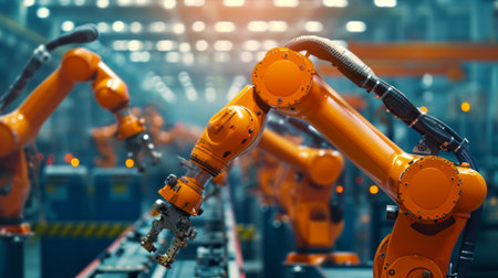 Industrial robotic arms working on assembly line in a high-tech factoryの素材