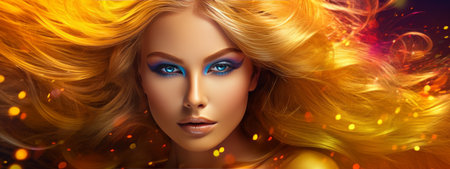 Beautiful woman with multi-colored hair, artistic banner. Concept of beauty, art, fashion, hair style and professional coloringの素材