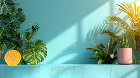 Fresh orange slice with palm shadows cast on a serene blue surface.の素材