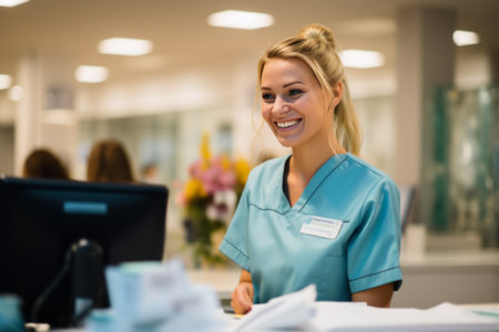 Cheerful blonde female nurse with stethoscope in hospital.