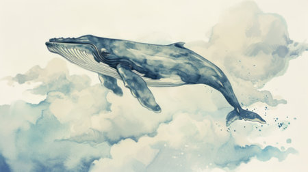 beauty of a whale as it seems to glide through a dreamy, cloud-like environment, depicted in a delicate watercolor styleの素材