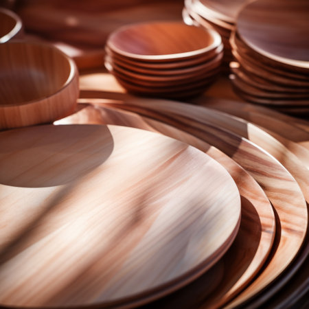 Close-up of various wooden plates and bowls showcasing natural wood grain and craftsmanship.の素材