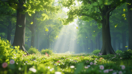 Springtime Bliss as White Wildflowers Carpet a Lush Forest - close upの素材