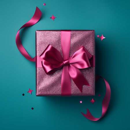 A burgundy gift box with a glossy satin ribbon, centered on a teal backdropの素材
