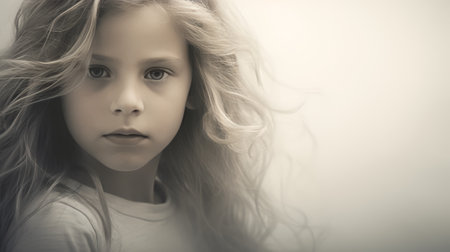 Warmly lit portrait of a serene young girl gazing away.の素材