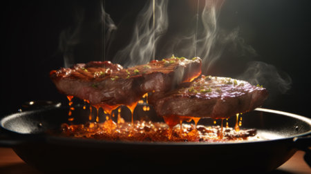 Artistic image of Sizzling Grilled Steak: Ribeye, T-bone, Sirloin, Filet Mignon. Flying beef steaksの素材